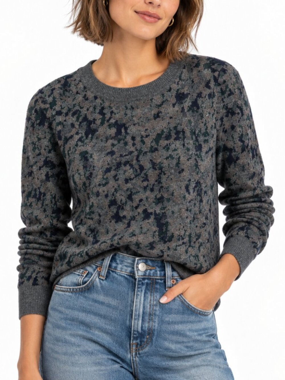 AllSaints Camo Mohair Angora Blend Abstract Knit Sweater Gray Blue Size 2